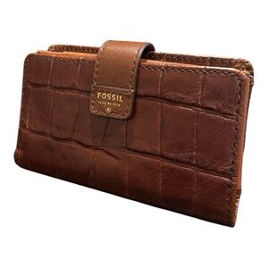 Fossil Vintage Brown Leather Crocodile Embossed Snap Wallet AR 6